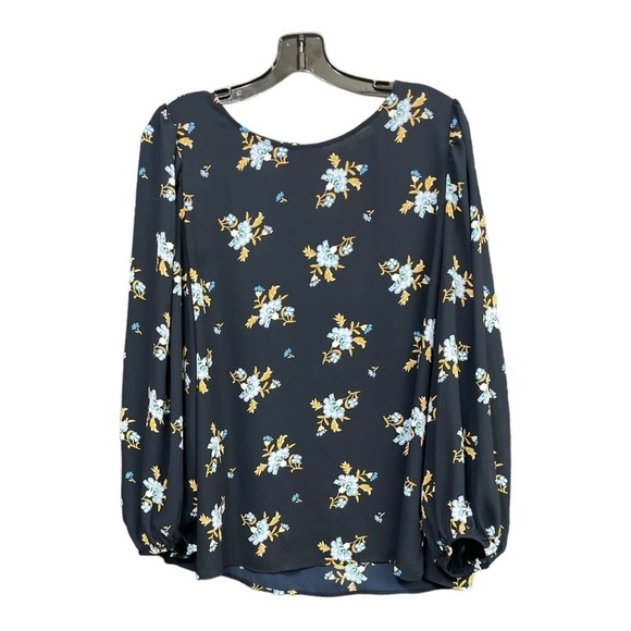 Loft Women's Size L Blouse Top Long Sleeve Blue Floral Polyester Crew Neck - Picture 2 of 11
